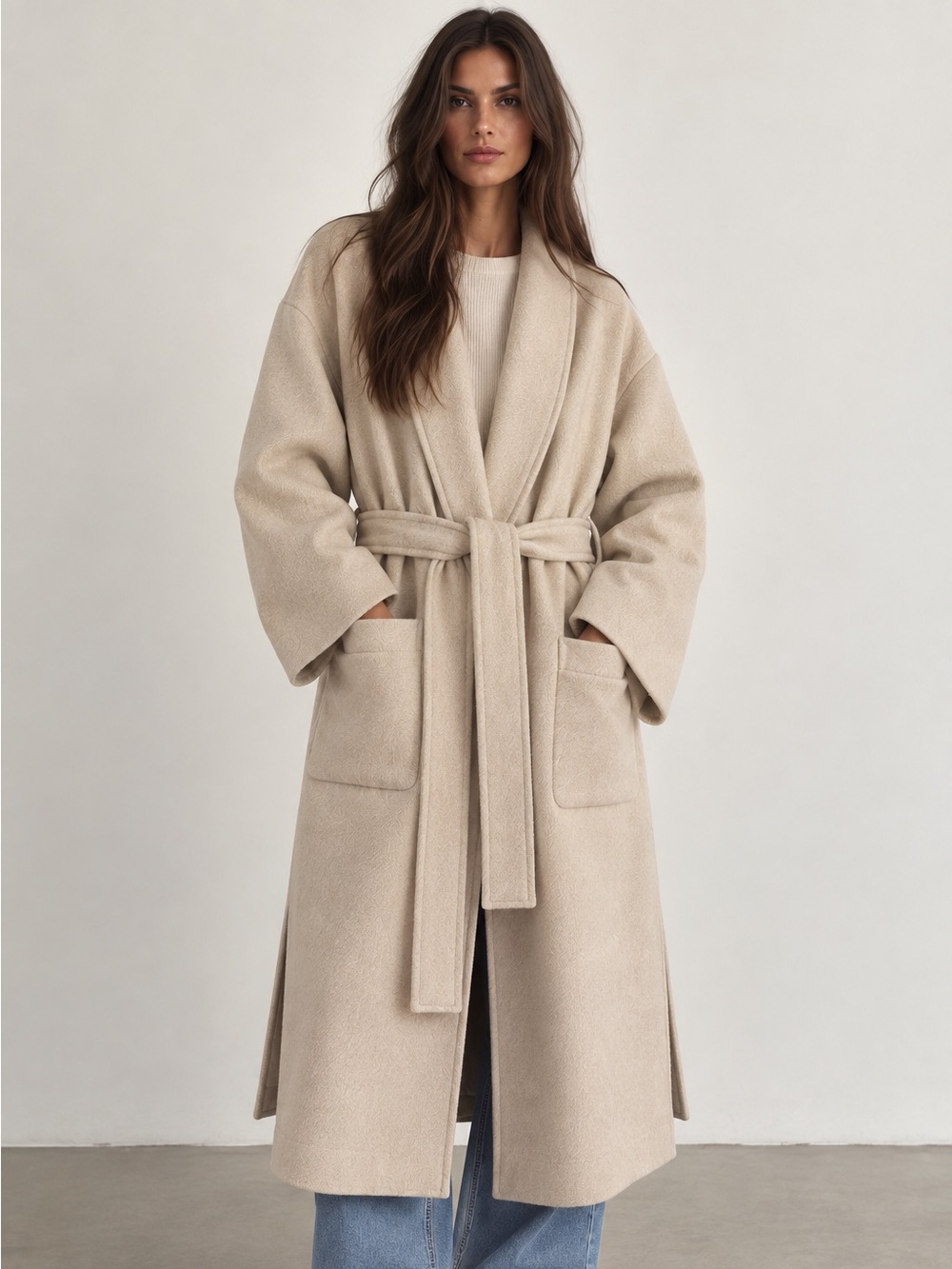 Zara Manteco Italian Wool Blend Belted Long trench Coat Cream M NWT